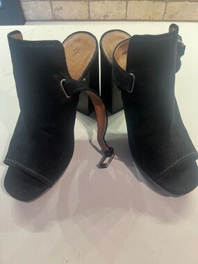Frye Black Suede Open-Toe Block Heel Mules